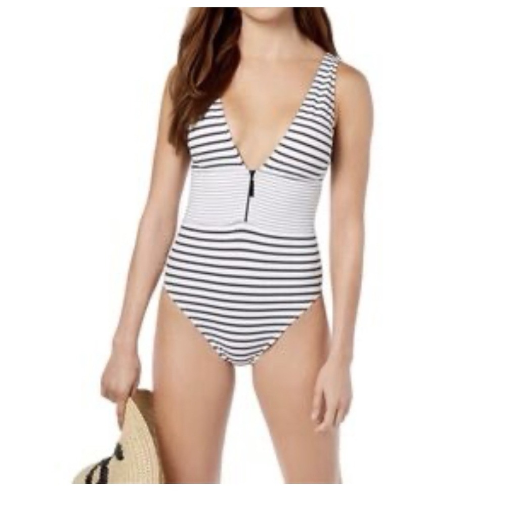 Lauren Ralph Lauren‎ Striped One-Piece Swimsuit Black And White V-Neck M Lined